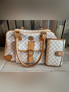 Rioni Cream & Tan Monogram Satchel with Wallet